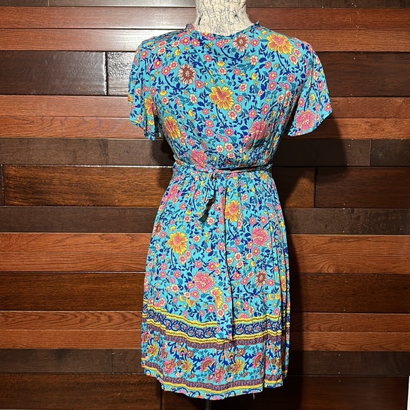 No Brand Tag V Neck Short Sleeve Teal Blue Floral Wrap Midi Dress - Picture 8 of 9